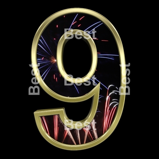 One digit from firework with gold frame alphabet set