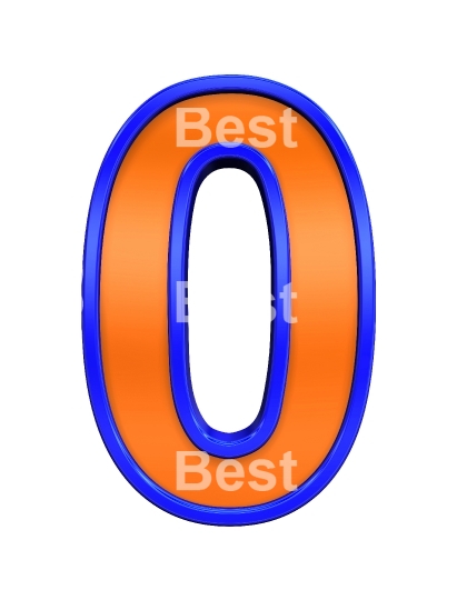 One digit from orange with blue frame alphabet set, isolated on white. 