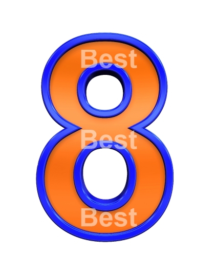 One digit from orange with blue frame alphabet set, isolated on white. 