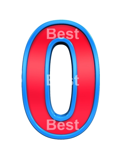 One digit from red with blue frame alphabet set, isolated on white. 