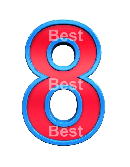 One digit from red with blue frame alphabet set, isolated on white. 