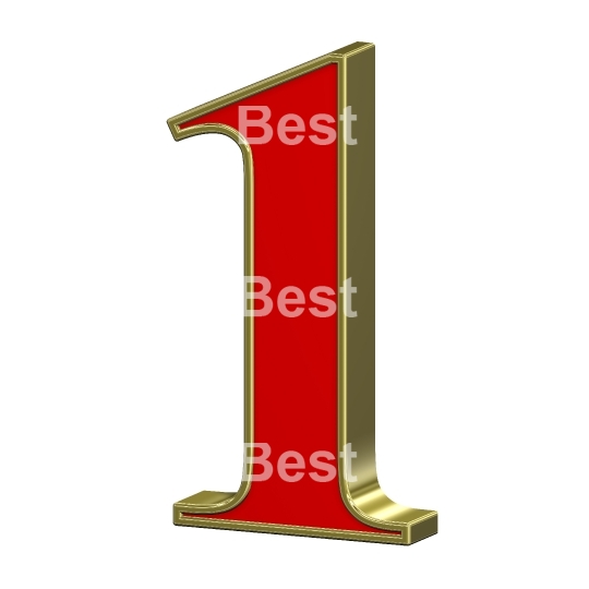 One digit from red with gold frame Roman alphabet set, isolated 