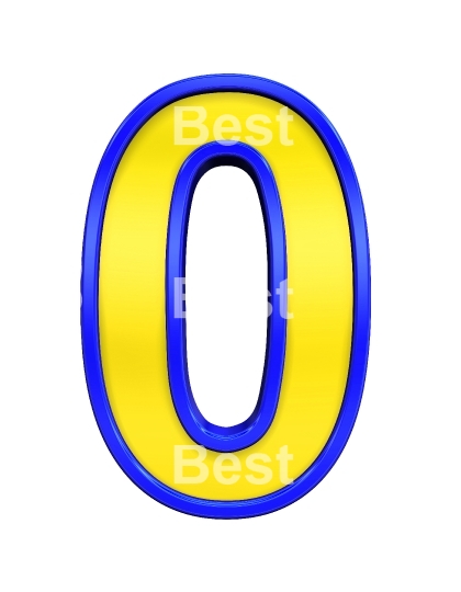 One digit from yellow with blue frame alphabet set, isolated on white. 