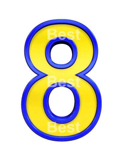 One digit from yellow with blue frame alphabet set, isolated on white. 