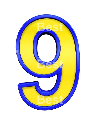 One digit from yellow with blue frame alphabet set, isolated on white. 