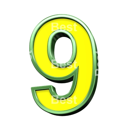 One digit from yellow with shiny green frame alphabet set, isolated on white. 