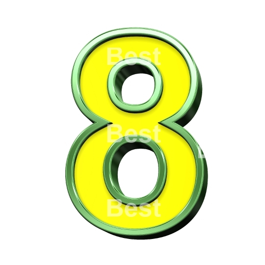 One digit from yellow with shiny green frame alphabet set, isolated on white. 