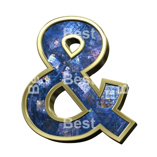 One letter from blue fractal with gold frame alphabet set, isolated on white.