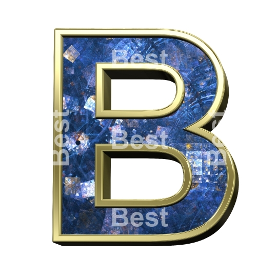 One letter from blue fractal with gold frame alphabet set, isolated on white.