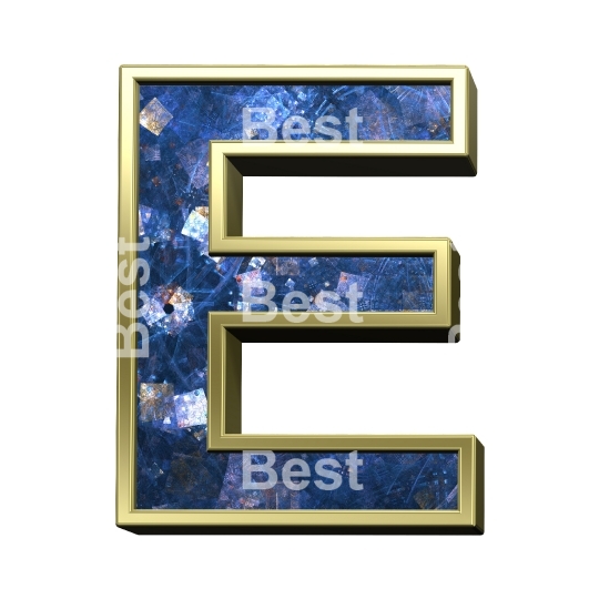 One letter from blue fractal with gold frame alphabet set, isolated on white.