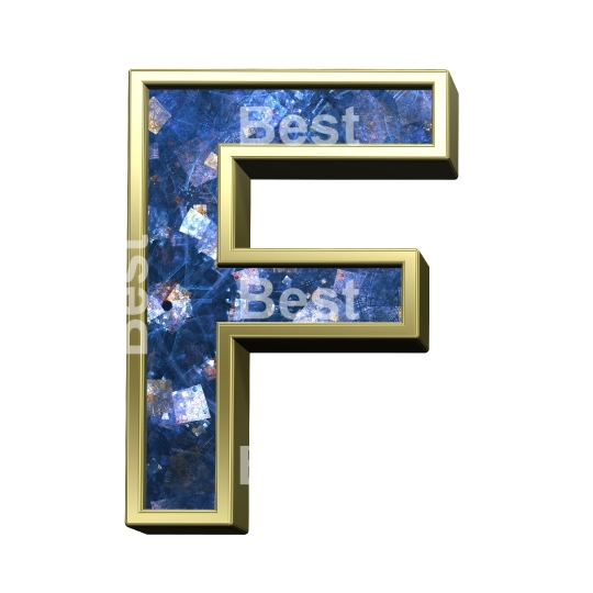 One letter from blue fractal with gold frame alphabet set, isolated on white.