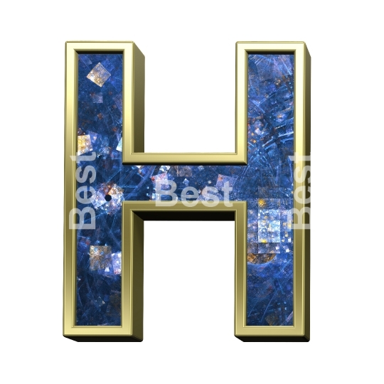 One letter from blue fractal with gold frame alphabet set, isolated on white.