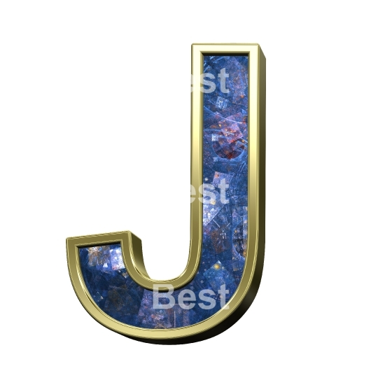 One letter from blue fractal with gold frame alphabet set, isolated on white.