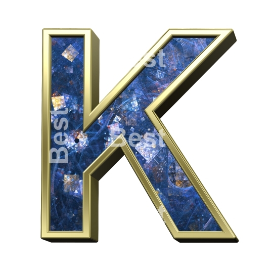 One letter from blue fractal with gold frame alphabet set, isolated on white.