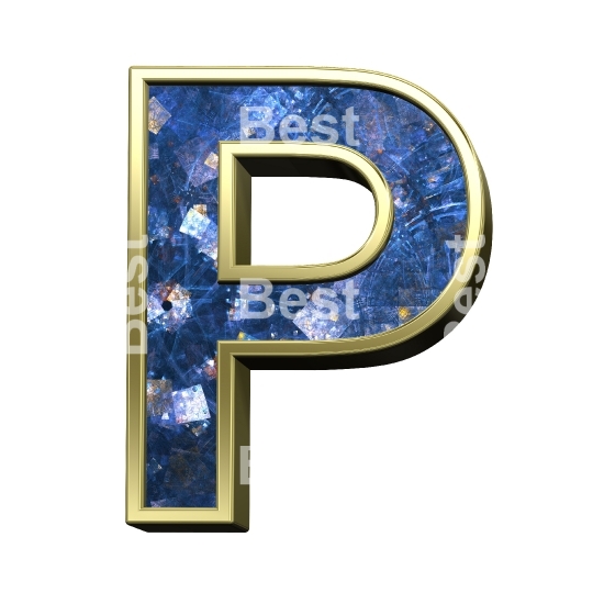 One letter from blue fractal with gold frame alphabet set, isolated on white.