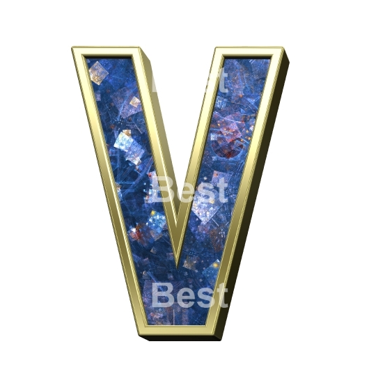 One letter from blue fractal with gold frame alphabet set, isolated on white.