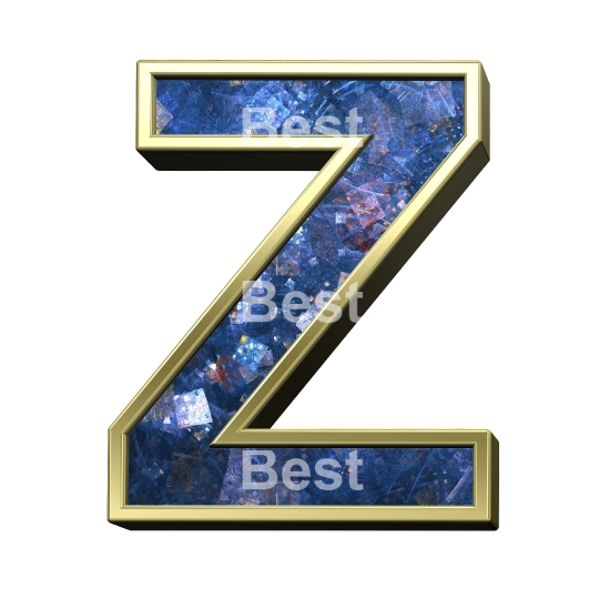 One letter from blue fractal with gold frame alphabet set, isolated on white.