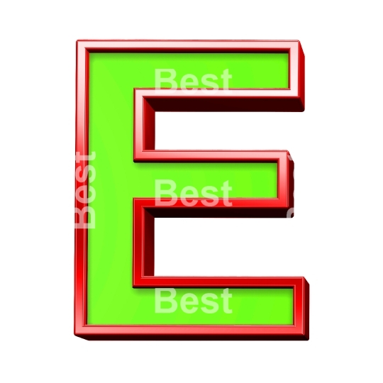 One letter from green with shiny red frame alphabet set, isolated on white. 