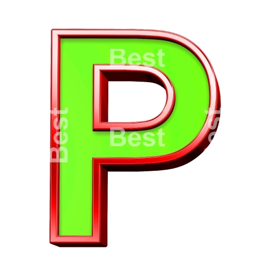 One letter from green with shiny red frame alphabet set, isolated on white. 