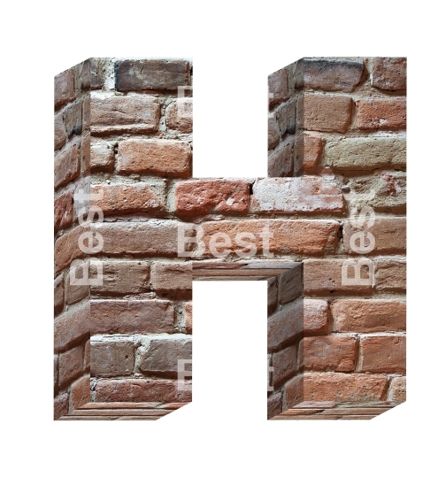 One letter from old brick alphabet set, isolated on white. 