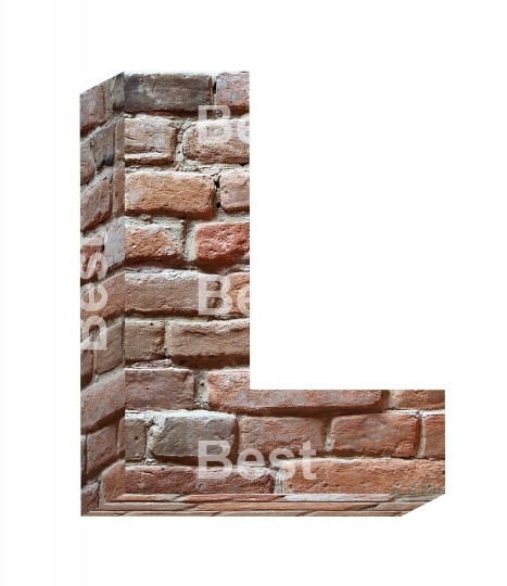 One letter from old brick alphabet set, isolated on white. 