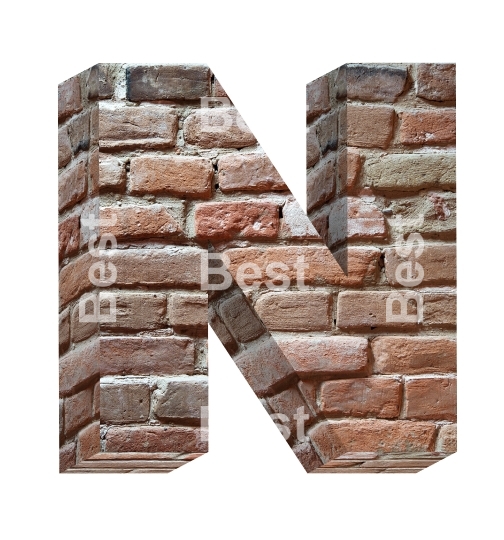 One letter from old brick alphabet set, isolated on white. 