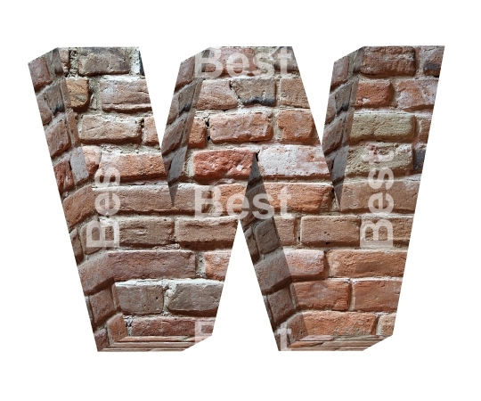 One letter from old brick alphabet set, isolated on white. 