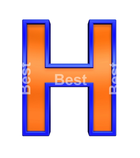 One letter from orange with blue frame alphabet set, isolated on white. 