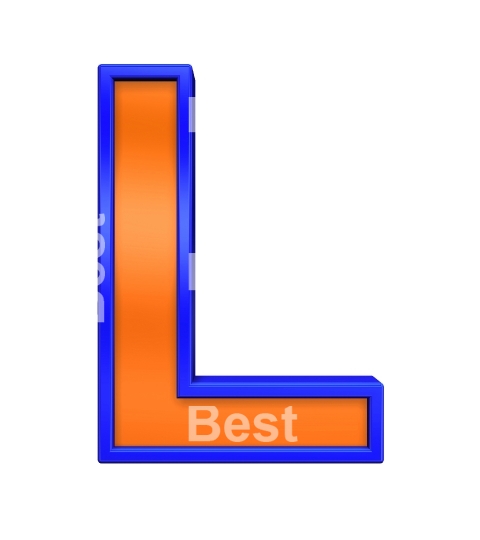 One letter from orange with blue frame alphabet set, isolated on white. 