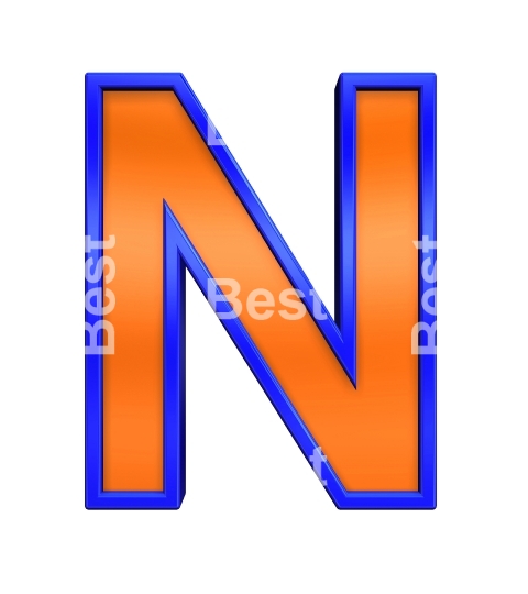 One letter from orange with blue frame alphabet set, isolated on white. 