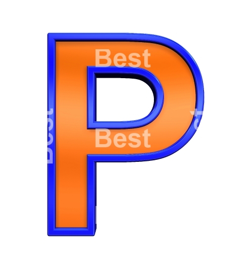 One letter from orange with blue frame alphabet set, isolated on white. 