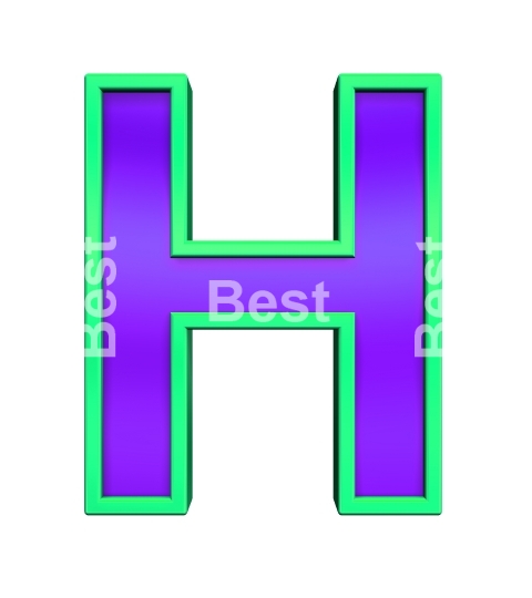 One letter from violet glass with green frame alphabet set, isolated on white. 