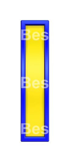 One letter from yellow with blue frame alphabet set, isolated on white. 