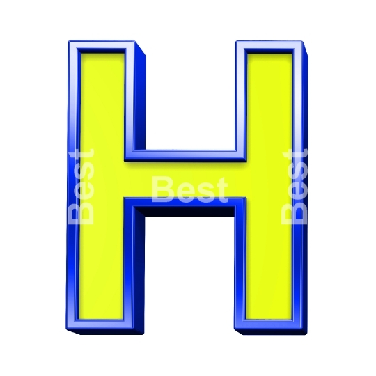 One letter from yellow with shiny blue frame alphabet set, isolated on white. 