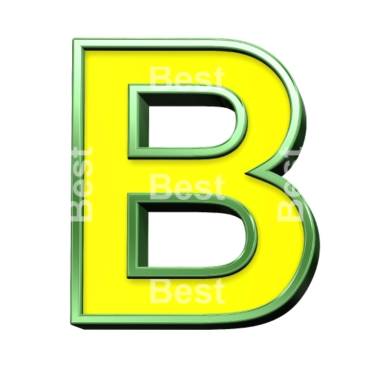 One letter from yellow with shiny green frame alphabet set, isolated on white. 