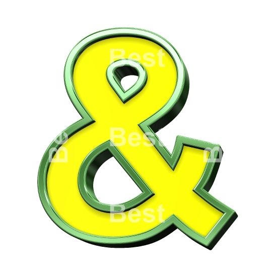 One letter from yellow with shiny green frame alphabet set, isolated on white. 