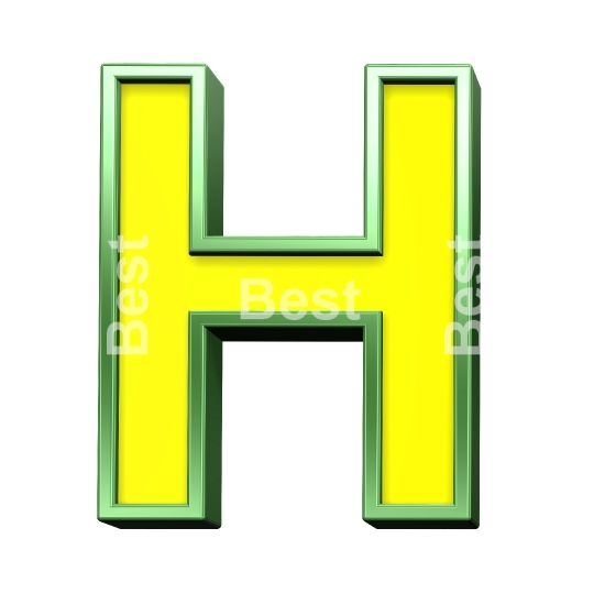 One letter from yellow with shiny green frame alphabet set, isolated on white. 