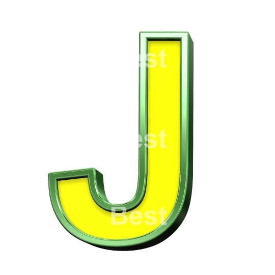 One letter from yellow with shiny green frame alphabet set, isolated on white. 