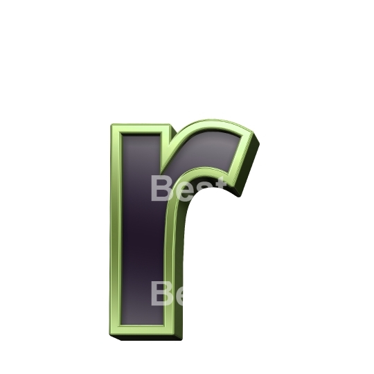 One lower case letter from black glass with green frame alphabet set, isolated on white.