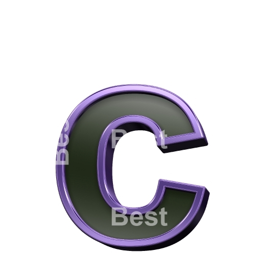 One lower case letter from black glass with purple frame alphabet set, isolated on white.