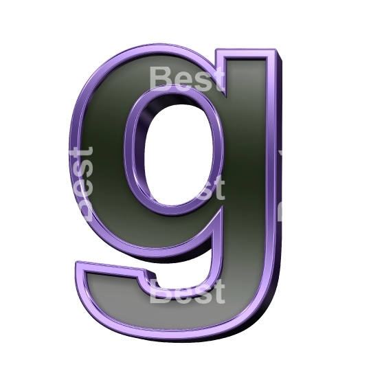 One lower case letter from black glass with purple frame alphabet set, isolated on white.