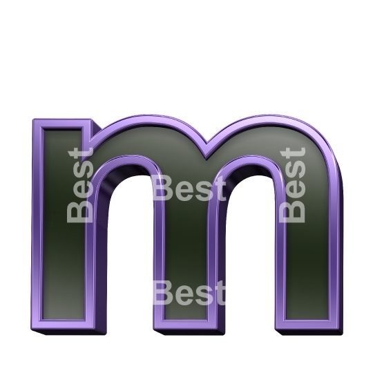 One lower case letter from black glass with purple frame alphabet set, isolated on white.