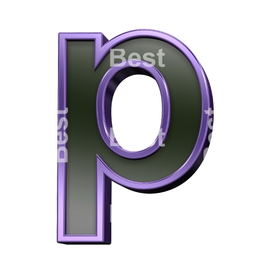 One lower case letter from black glass with purple frame alphabet set, isolated on white.