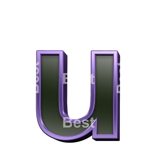 One lower case letter from black glass with purple frame alphabet set, isolated on white.