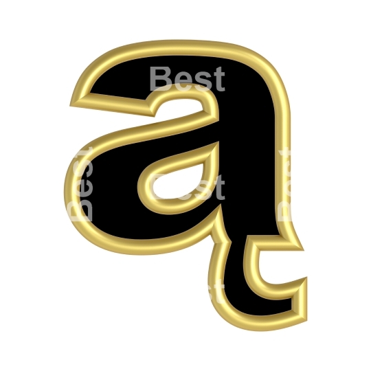 One lower case letter from black with gold shiny frame alphabet set, isolated on white