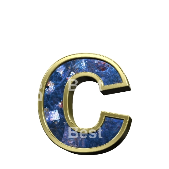 One lower case letter from blue fractal with gold frame alphabet set, isolated on white.