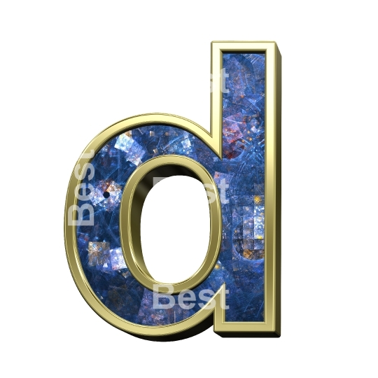 One lower case letter from blue fractal with gold frame alphabet set, isolated on white.