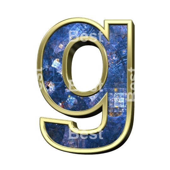 One lower case letter from blue fractal with gold frame alphabet set, isolated on white.