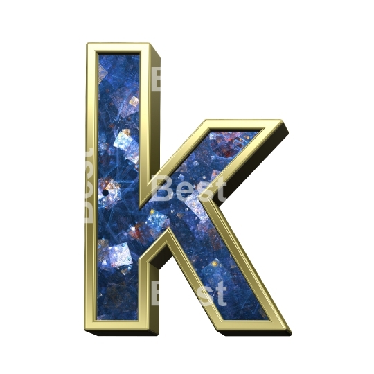 One lower case letter from blue fractal with gold frame alphabet set, isolated on white.