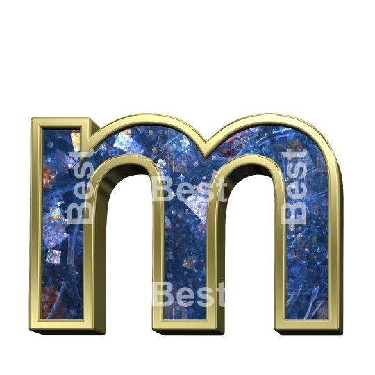 One lower case letter from blue fractal with gold frame alphabet set, isolated on white.